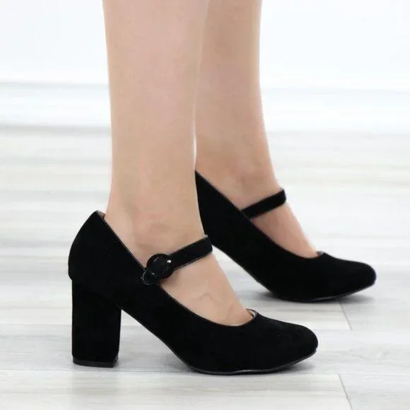 Black Mary Jane Shoes Faux Suede Buckle Strap Chunky Block Heel - Picture 3 of 13